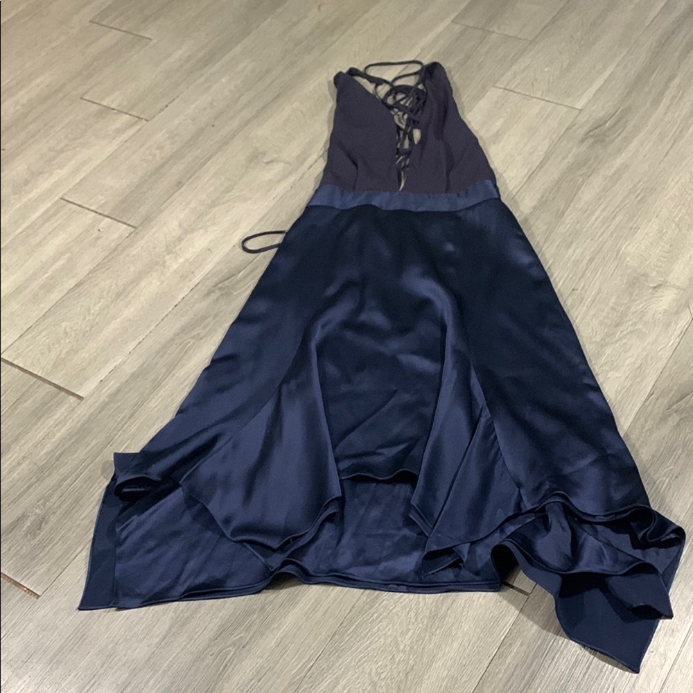 Juan‎ Carlos Obando Navy Blue Handkerchief Hem Halter Style Open Back Dress sz 4